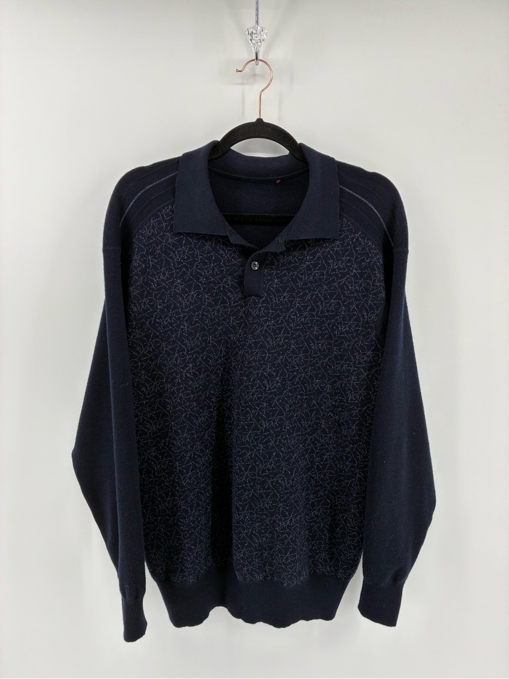 100% Pure New Wool Navy Knit Polo Sweater - Subtle Pattern